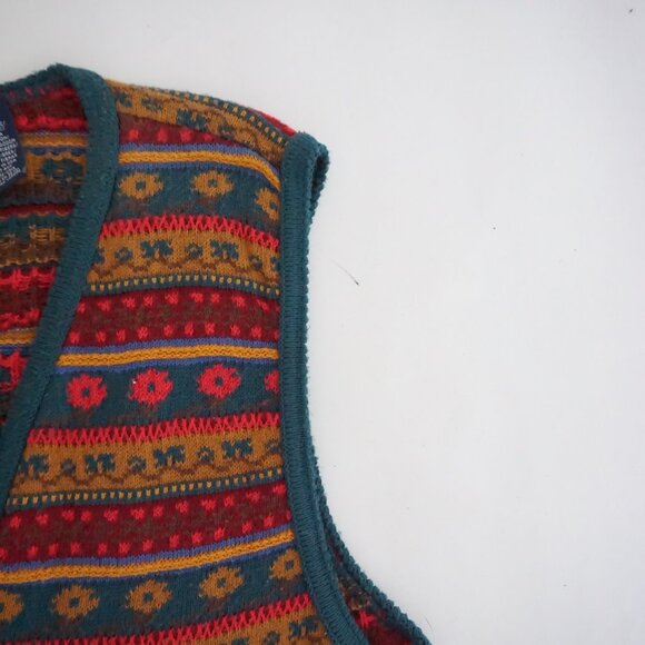 Vintage Lizsport Red Teal Southwestern Geometric Striped Knit Sweater Vest L - Picture 8 of 9